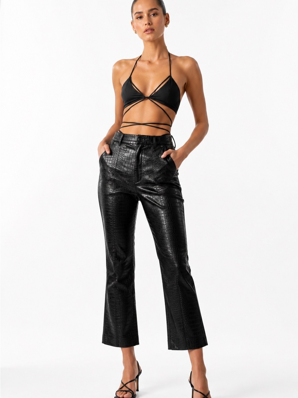 NWT MISHA Collection Beau Croc Embossed Faux Leather Cropped Flare Pants 4